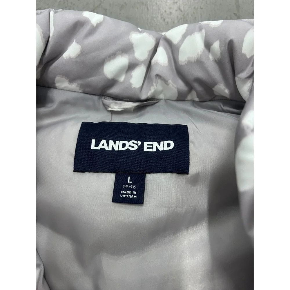 Lands' End Puffer Vest Girls L 14-16 Gray Leopard Print Down Full Zip‎ Winter